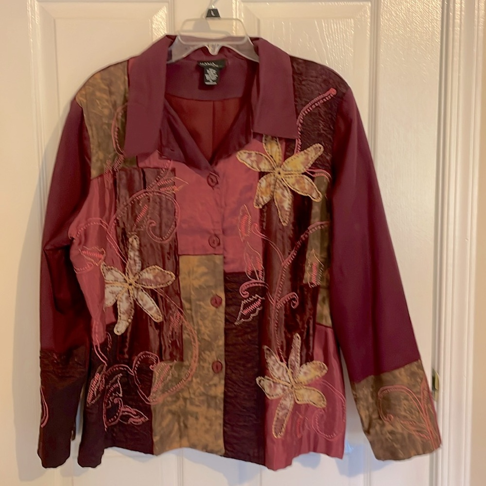 HONA Vintage Women's Maroon Floral Pattern Long Sleeve Button Blazer, Size XL